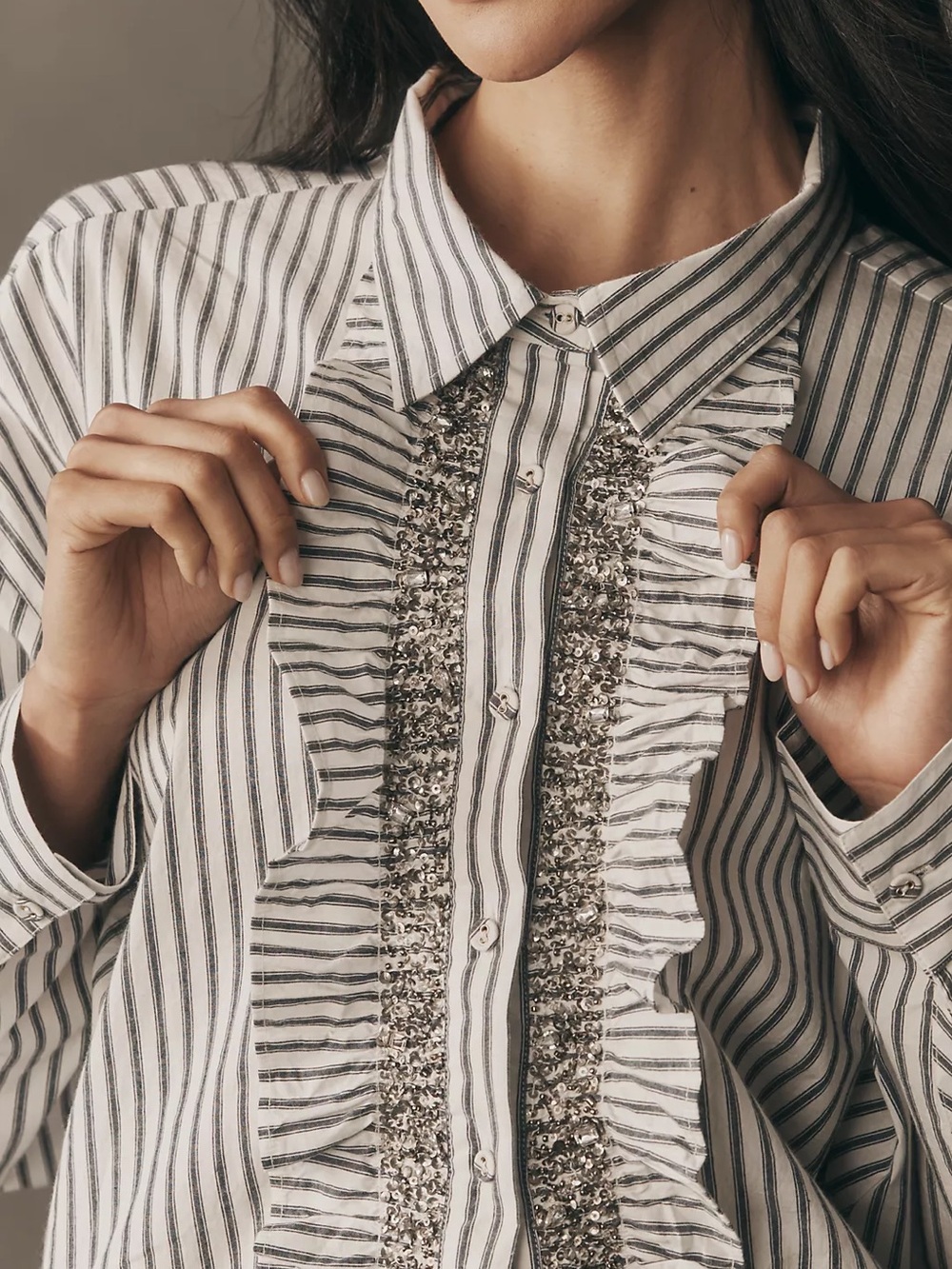 Pilcro crystal embellishedNavy button down Striped Shirt